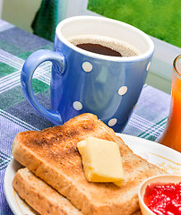 Image showing Toasts And Jam Indicates Black Coffee And Butter 