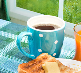 Image showing Toast For Breakfast Means Black Coffee And Beverage 