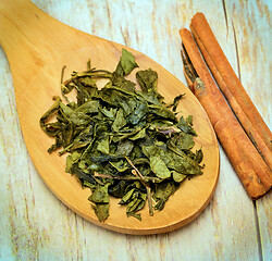 Image showing Green Tea Leaves Indicates Spice Refreshed And Refreshment 