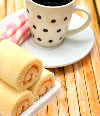 Image showing Orange Cakes Coffee Means Swiss Roll And Barista 