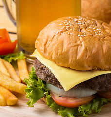 Image showing Burger Beer Chips Represents Ready To Eat And Ales  