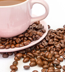 Image showing Coffee beans next to a cup of freshly brewed 