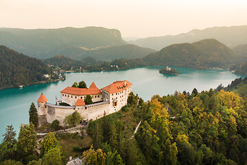 Image showing Aerial view of Bled Castle overlooking Lake Bled in Slovenia, Europe