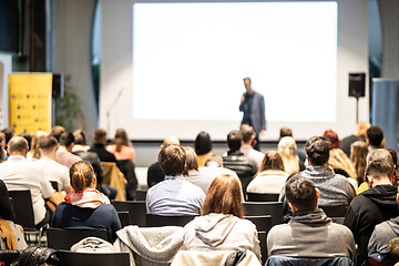 Image showing Business speaker giving a talk at business conference event.