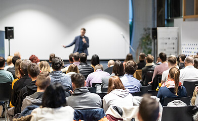 Image showing Business speaker giving a talk at business conference event.