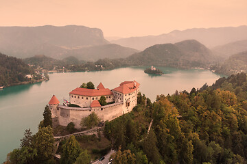 Image showing Aerial view of Lake Bled and the castle of Bled, Slovenia, Europe. Aerial drone photography.