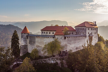 Image showing Aerial panoramic view of Lake Bled and the castle of Bled, Slovenia, Europe. Aerial drone photography.