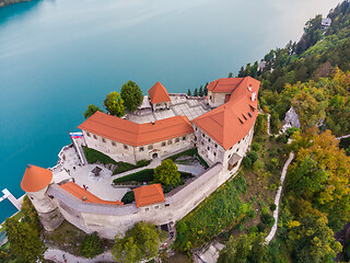 Image showing Aerial view of Lake Bled and the castle of Bled, Slovenia, Europe. Aerial drone photography.