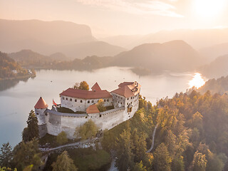 Image showing Aerial view of Lake Bled and the castle of Bled, Slovenia, Europe. Aerial drone photography.