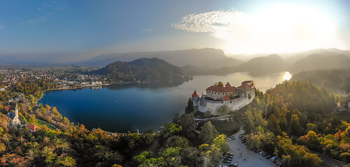 Image showing Aerial panoramic view of Lake Bled and the castle of Bled, Slovenia, Europe. Aerial drone photography.