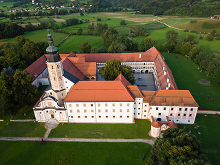 Image showing Aerial view of Cistercian monastery Kostanjevica na Krki, homely appointed as Castle Kostanjevica, Slovenia, Europe.