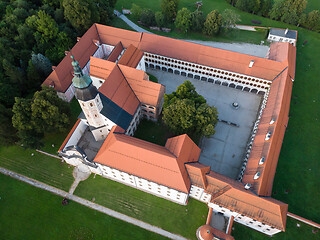Image showing Aerial view of Cistercian monastery Kostanjevica na Krki, homely appointed as Castle Kostanjevica, Slovenia, Europe.