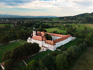 Image showing Aerial view of Cistercian monastery Kostanjevica na Krki, homely appointed as Castle Kostanjevica, Slovenia, Europe.