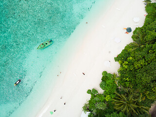 Image showing Aerial drone view of picture perfect beach and turquoise lagoon on small tropical island on Maldives