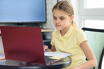 Image showing Pretty girl of Caucasian appearance at the computer does homework