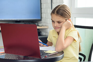 Image showing Upset girl sitting in front of a laptop and doing homework