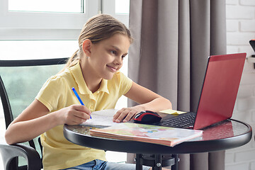 Image showing Girl enjoys doing online lessons