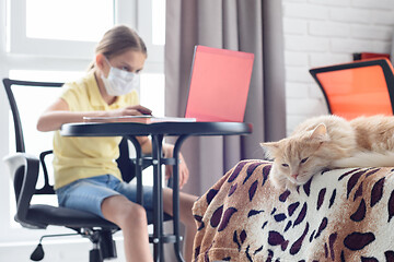 Image showing A sick girl teaches lessons, a cat sleeps in the foreground