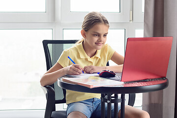 Image showing Girl sitting at home remotely watching a virtual lesson