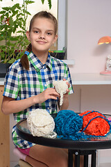 Image showing Girl learns to knit soft toys while being in quarantine at home