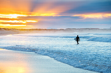 Image showing Surfer at sunset