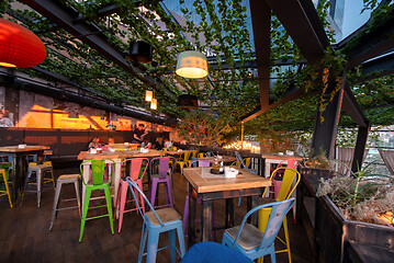 Image showing blurred people in cafe decorate with hanging plant