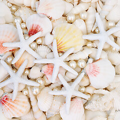 Image showing Starfish Pearls and Seashell Background