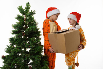 Image showing Girls at the Christmas tree hold boxes with New Year\'s toys.