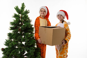 Image showing The girls at the Christmas tree are holding boxes of New Year\'s toys and looked into the frame.