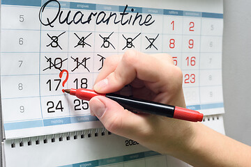 Image showing Hand draws a question mark on Monday on the calendar, previous weeks were non-working due to quarantine.