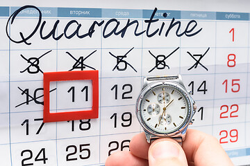 Image showing Wristwatch on the background of the calendar with the inscription Quarantine