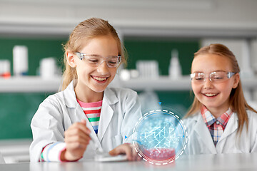 Image showing kids making chemical experiment at school lab