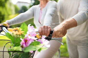 Image showing senior couple with bicycles at summer park