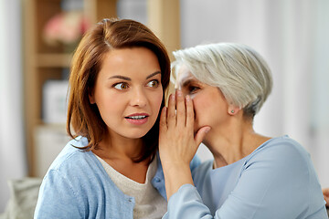 Image showing senior mother whispering to adult daughter at home