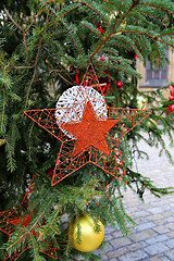 Image showing Beautiful decorations on the branches of the Christmas tree