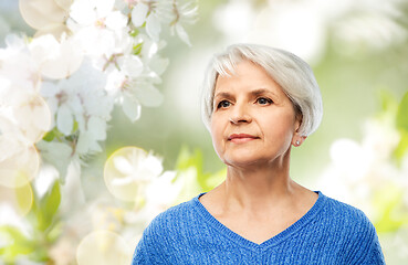 Image showing portrait of senior woman in blue sweater over grey