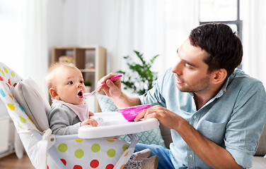 Image showing father feeding happy baby in highchair at home