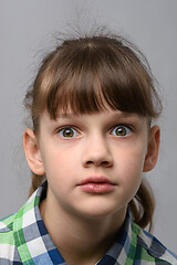 Image showing Portrait of ten year old girl in shock with bulging eyes, European appearance, close-up