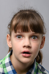 Image showing Portrait of a very surprised ten year old girl with bulging eyes and open mouth, European appearance, close-up