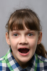 Image showing Portrait of a genuinely surprised ten-year-old girl with closed eyes, European appearance, close-up