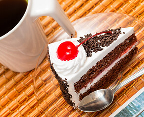 Image showing Black Forest Cake Means Coffee Break And Cafe 