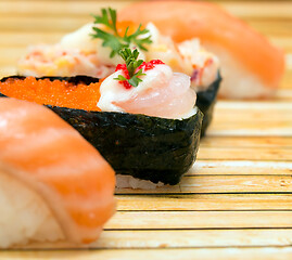 Image showing Japanese Salmon Sushi Shows Asian Food And Cuisine 