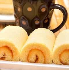 Image showing Orange Flavored Cake Represents Coffee Swiss Roll And Beverage 