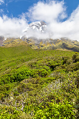 Image showing volcano Taranaki covered in clouds, New Zealand 