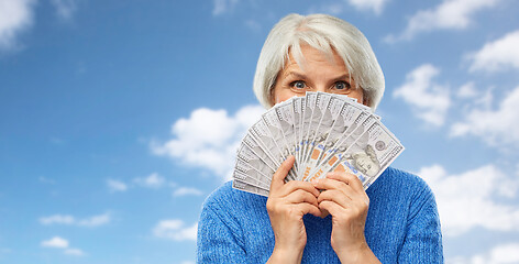 Image showing senior woman with hundred dollar money banknotes