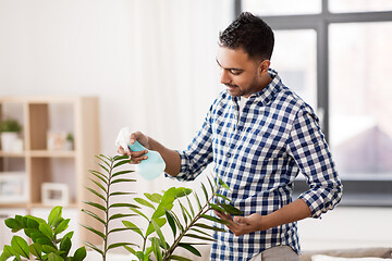 Image showing indian man spraying houseplant with water at home