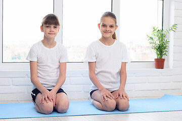 Image showing Two sisters are sitting at home on a sports mat before training