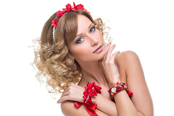 Image showing beautiful girl with red ribbon accessories