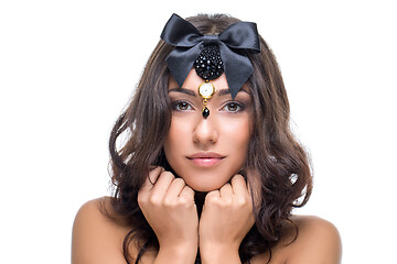 Image showing Beautiful girl with black ribbon bow
