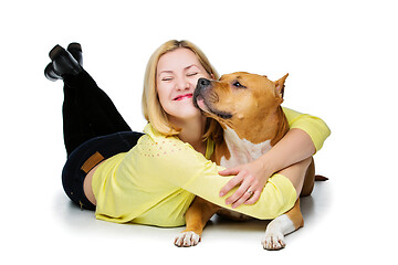 Image showing Girl with amstaff dog